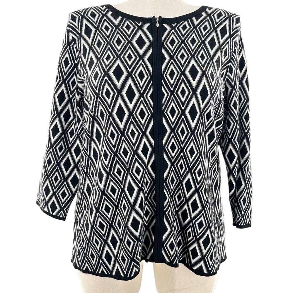 Coldwater Creek sweater 1X 18 black white diamond 50% merino wool cardigan